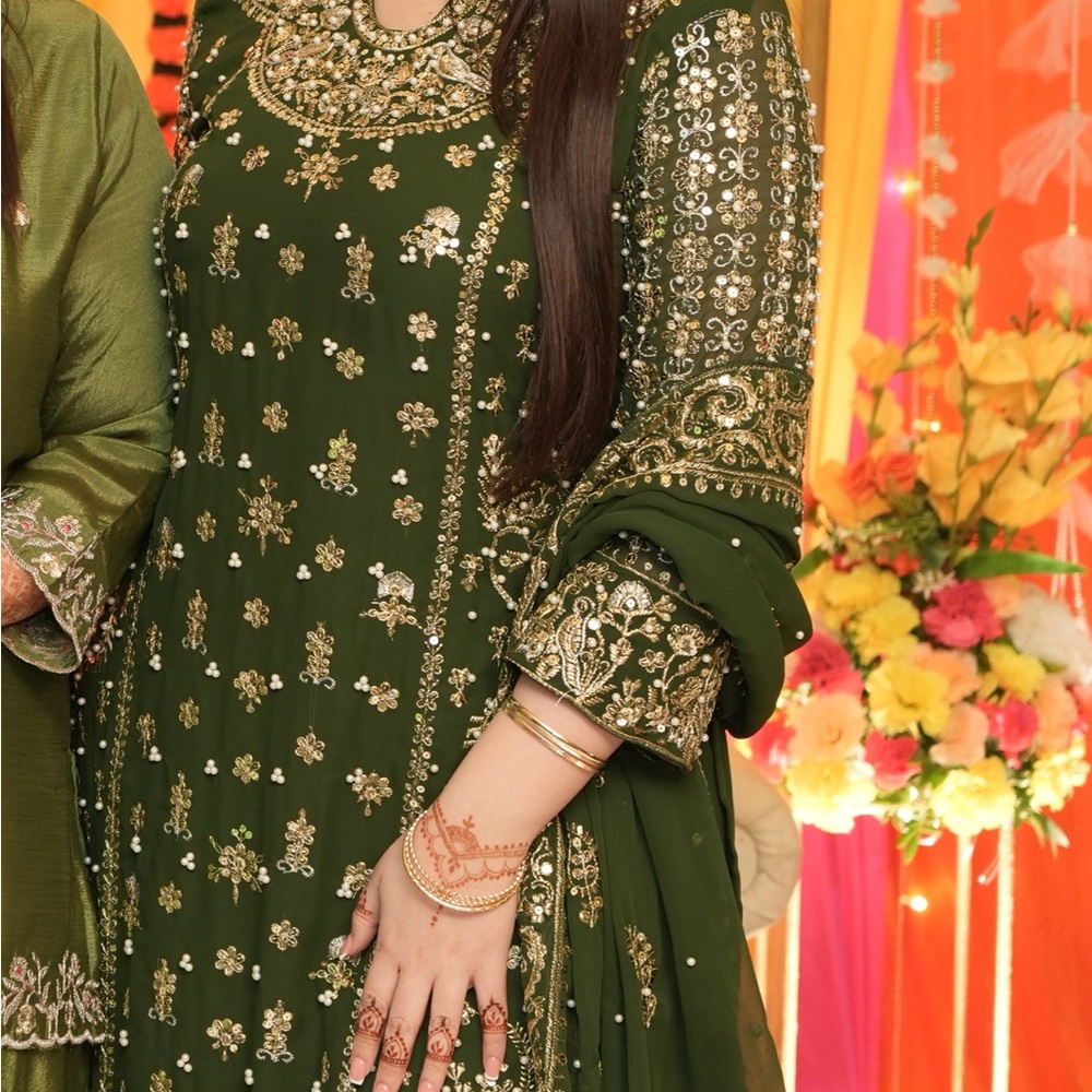 Green Georgette Embroidered with Sequence Work Salwar Kameez with Dupatta - Picture 3 of 3